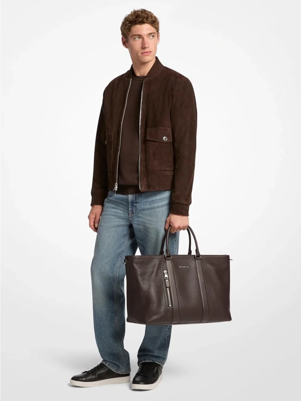 New Michael Kors Hudson Getaway Pebbled Leather Tote Bag - Chocolate